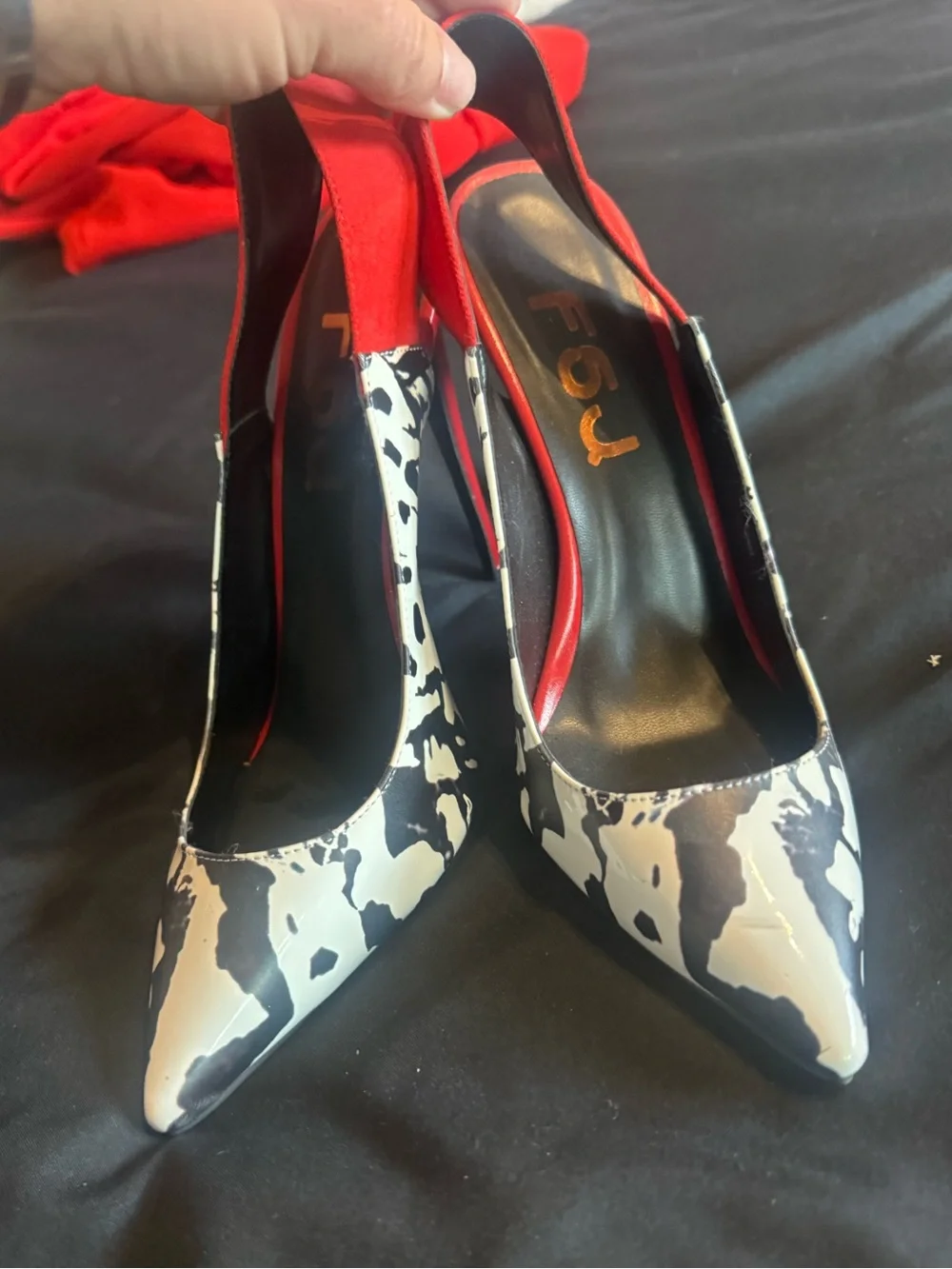 Red and Black Cow-Print Pointed Toe Slingback Heels
